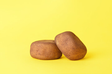 Tasty Japanese mochi on color background