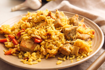 Plate with tasty Shah Pilaf on table, closeup