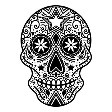 White sugar skull with abstract ornament. Hand drawn vector icon isolated on white background. Monochrome illustration of a skeleton mask for the day of the dead. Sketch of a tattoo.