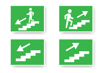 Go up and down stairs icon on green background. Fire safety. Emergency evacuation sign. Vector illustration. Stock image. 