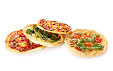 Tasty mini pizzas on white background - obrazy, fototapety, plakaty