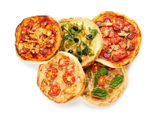 Tasty mini pizzas on white background