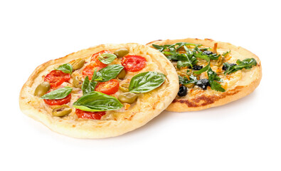 Tasty mini pizzas on white background