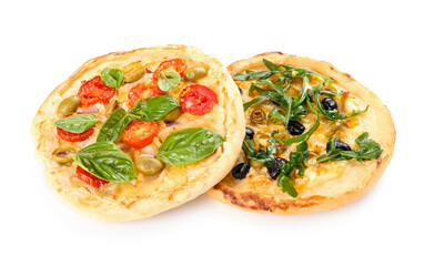 Tasty mini pizzas on white background