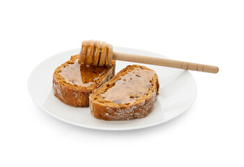 Plate with delicious toasted bread with honey on white background