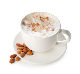 Cup of tasty almond latte on white background
