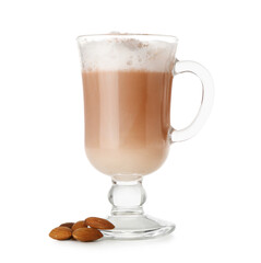 Glass cup of tasty almond latte on white background