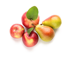 Ripe pears and apples on white background