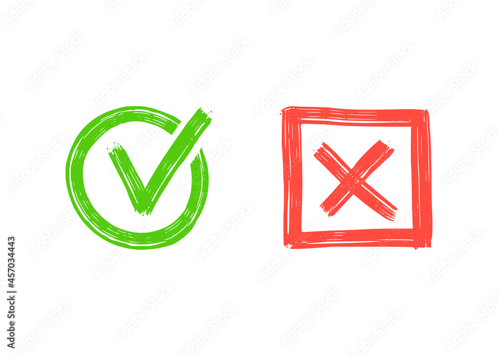 Poster Green check and red cross mark. Hand drawn doodle sketch style. Vote, yes, no drawn concept. Checkbox, cross mark with square, circle element. Vector illustration.