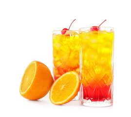 Glasses of tasty Tequila Sunrise cocktail on white background