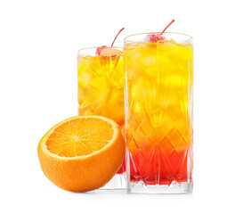 Glasses of tasty Tequila Sunrise cocktail on white background