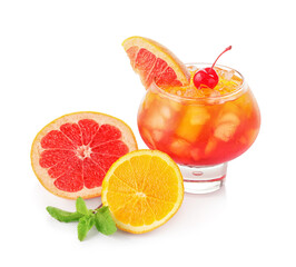 Glass of tasty Tequila Sunrise cocktail on white background