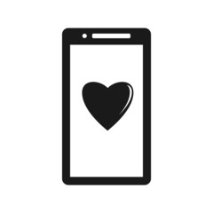 a dark flat heart icon inside of smartphone icon white isolated