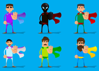 Funny cartoon man dressed as a superhero showing deny or refuse hand gesture. Vector illustration.