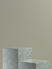 Grey marble cube product stage or podium with light brown wall background for product banner or promo. 3D Illustration