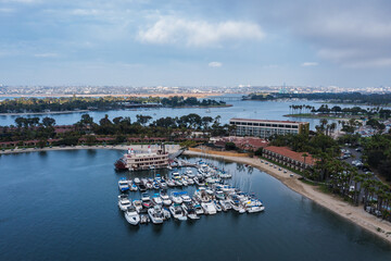 Boats docked in Mission Bay, San Diego, aerial view. 