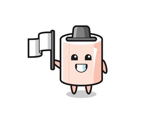 Cartoon character of tissue roll holding a flag