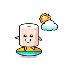 Illustration of tissue roll cartoon do surfing on the beach