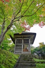 Obraz premium 色づき始めたモミジの紅葉に囲まれた古いお堂の情景＠岩手