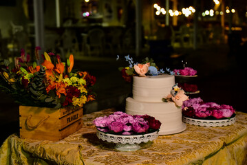 table with sweets, birthday cake, night party,  condensed milk candy balls, chocolate truffles, brigadeiro, chocolate sprinkles, chocolate candy,  candy balls, vintage party