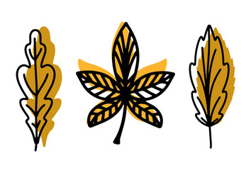 A collection of fallen autumn leaves of different shapes and colors. Autumn background, a poster with colorful leaves. Seasonal autumn elements for creating postcards, invitations. Cartoon flat style