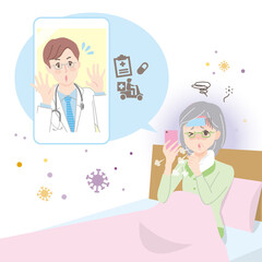 スマホでオンライン治療を受けているシニア女性　診察する医師