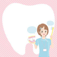 歯磨きの指導をする歯科助手　チラシ風イラスト素材