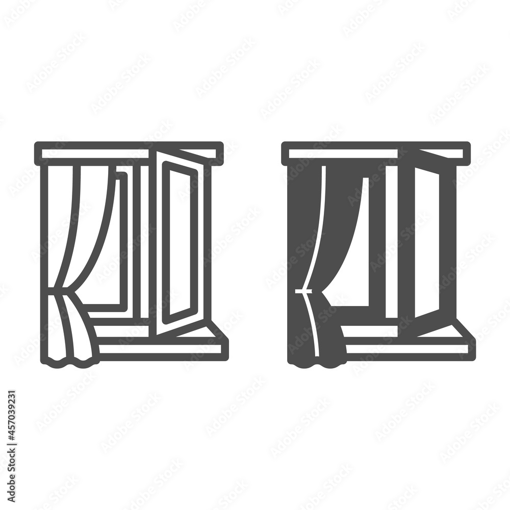 Poster opened window and curtain line and solid icon, interior design concept, window drape half open vecto