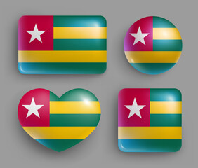 Set of glossy buttons with Togo country flag. Western Africa republic national flag, shiny geometric shape badges. Togo symbols in patriotic colors realistic vector illustration