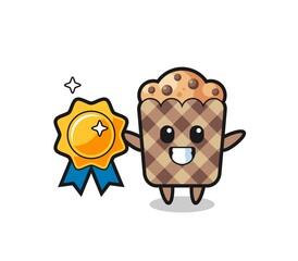 muffin mascot illustration holding a golden badge