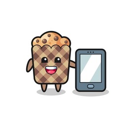 muffin illustration cartoon holding a smartphone
