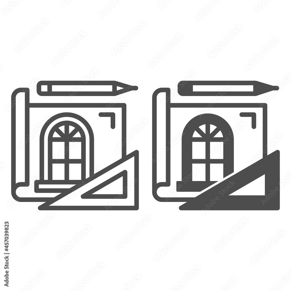 Poster drafting paper with window sketch, pencil, ruler line and solid icon, design concept, drawing vector