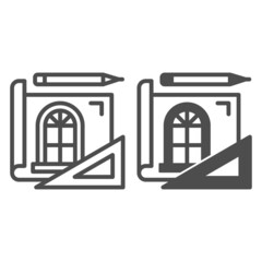 Drafting paper with window sketch, pencil, ruler line and solid icon, design concept, drawing vector sign on white background, outline style icon for mobile concept and web design. Vector graphics.