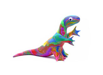 Cute Dinosaur isolated on white background. Handmade Colorful Dino (Rainbow Dinosaur) play dough for kids DIY (Do it yourself) class
