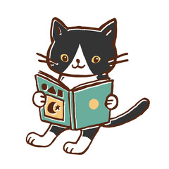 本を読むハチワレ猫のイラスト