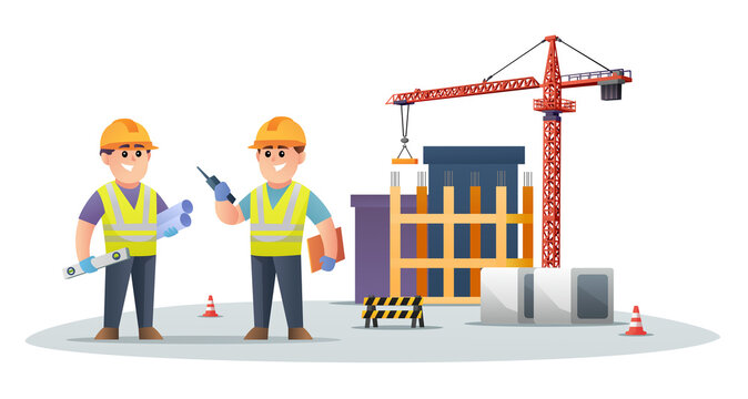 Cute construction engineer characters on construction site with tower crane illustration