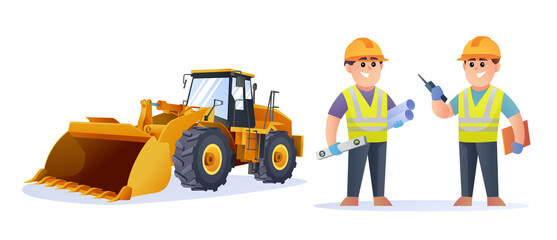 Cute construction engineer characters with wheel loader illustration