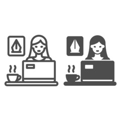 Woman designer working on laptot and cup of coffee line and solid icon, work concept, architect vector sign on white background, outline style icon for mobile concept and web design. Vector graphics.