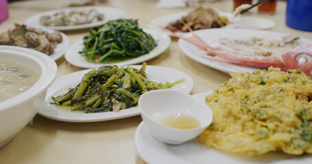 Chaozhou style steamed fish, fried vegetable and meat