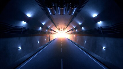 Interior of an illuminated tunnel with the exit at the end. Cold light. 