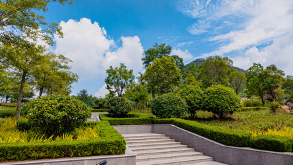 Blue sky, white clouds and green trees