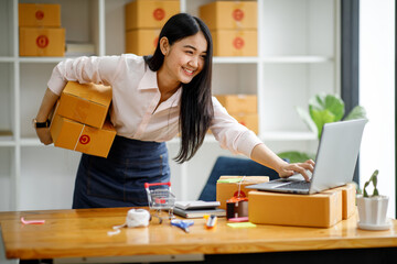 Starting Small business entrepreneur SME freelance,Portrait young woman working at home office,...