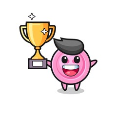 Cartoon Illustration of clothing button is happy holding up the golden trophy