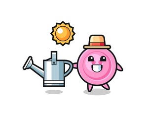 Cartoon character of clothing button holding watering can