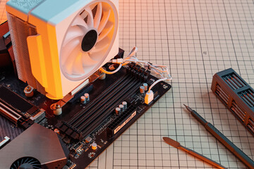 top viev Processor cooling system on the motherboard