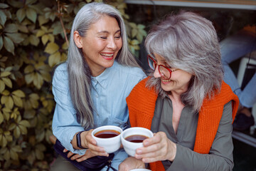 Happy senior Asian woman with grey haired friend clink cups of delicious beverages sitting on near...