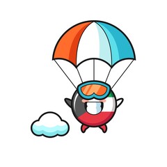 kuwait flag badge mascot cartoon is skydiving with happy gesture