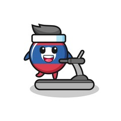 laos flag badge cartoon character walking on the treadmill