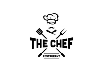Concept of chef hat, spatula, fork. Restaurant chef logo design template inspiration