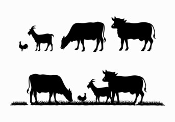 Silhouette of grass, cattle, chicken, goat, cow. Livestock logo design template illustration